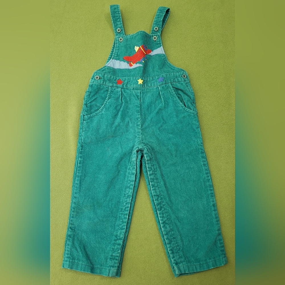 Vintage Joveux Gamins Happy Kids Corduroy Teal Airplane Overalls